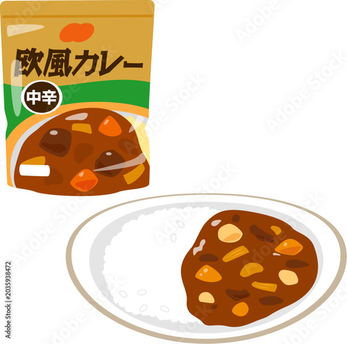 Foto レトルトパウチのカレーと皿に盛ったカレーライス