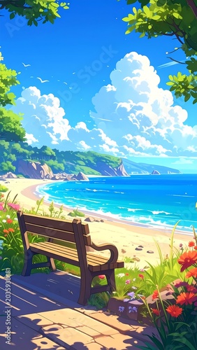 A serene beach scene with a bench on a pathway