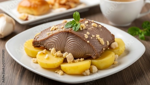 Grilled fish steak on sliced potatoes with mint garnish