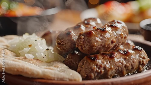 Delicious Cevapi Platter with Flatbread and Onions.