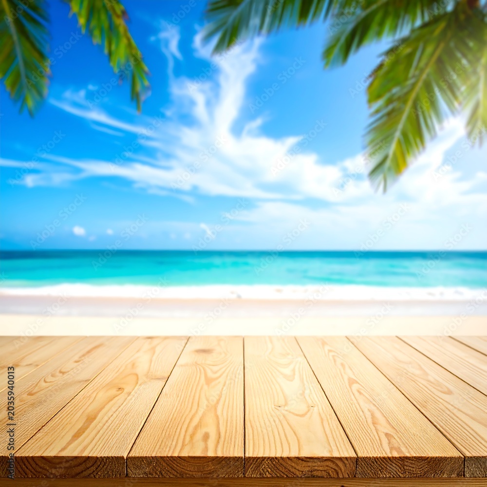 Fototapeta premium A serene beach scene with a wooden deck and palm trees