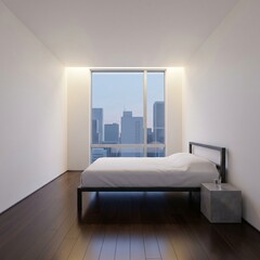 Modern Minimalist Bedroom with Urban Skyline Views. Sleek modern bedroom features a large window with urban city skylines
