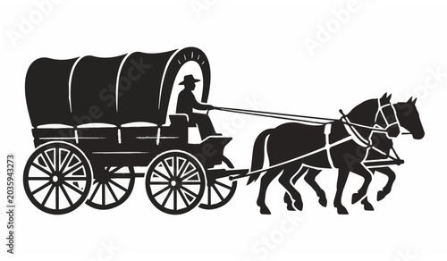 Canvas Print Vintage Covered Wagon with Horses and Driver Silhouette Wild West Vector
