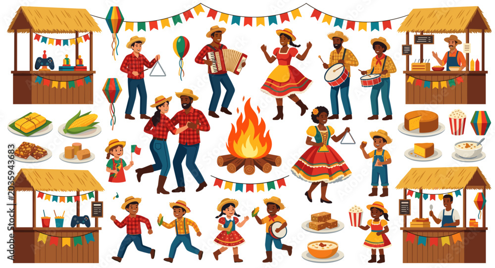 Naklejka premium Festa Junina Celebration: A vibrant collection of illustrations depicting a traditional Brazilian Festa Junina, featuring people dancing, musicians playing, food stalls, and a central bonfire.