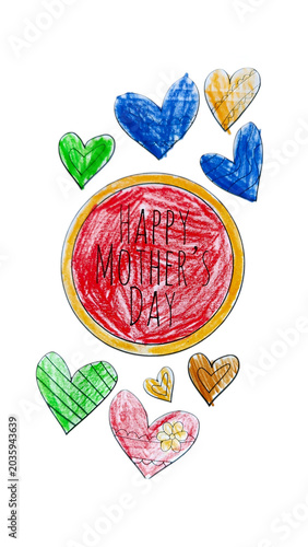 Child Drawing of Happy Mother’s Day Card with Colorful Hearts