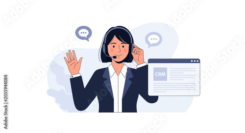 Customer Service Agent with CRM System and Chat Bubbles Illustration