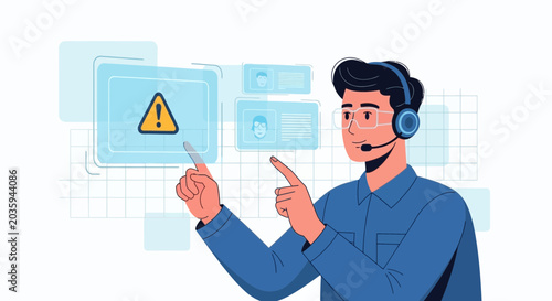 Customer service agent interacting with alert notification on futuristic interface