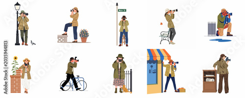 Canvastavla Collection of diverse street photographers capturing moments in various urban and outdoor settings, flat vector illustration style