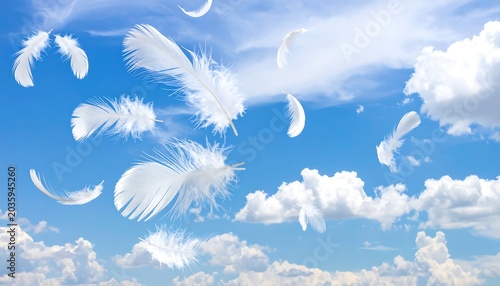 A serene blue sky with fluffy white clouds and floating feathers