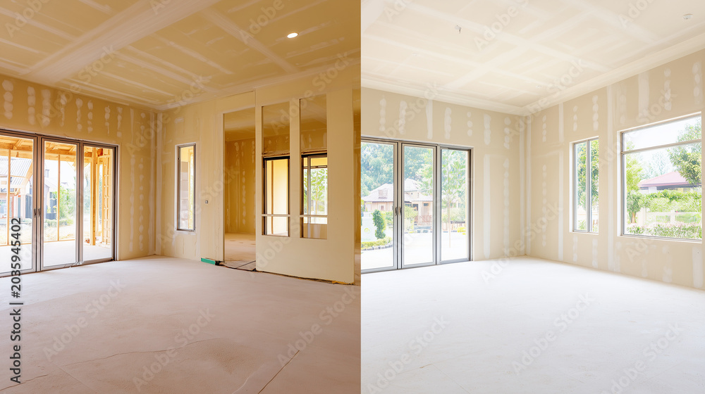 Fototapeta premium Interior renovation progress comparison, showing a simple room transformation with ambient lighting.