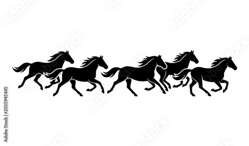 Fotografía Stylized black horse silhouette set with synchronized galloping equine movement