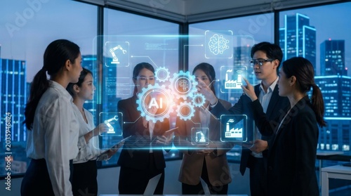 Collaborative Business Team Analyzing AI Technology in Office