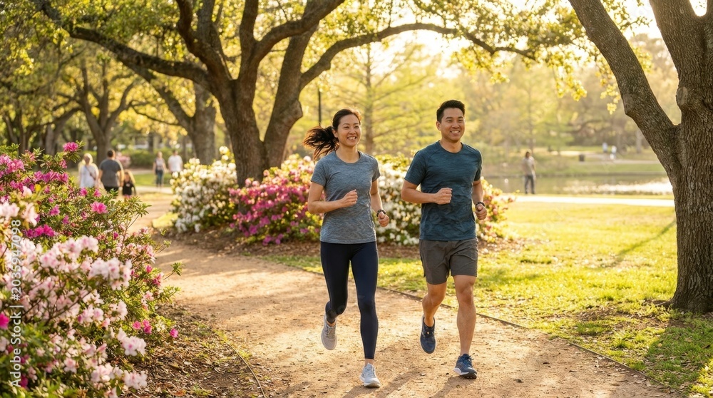 Obraz premium Couples Jogging Together in a Scenic Park During Sunset Hours