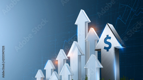 White Upward Arrows and Dollar Symbol on Blue Background for Business Growth