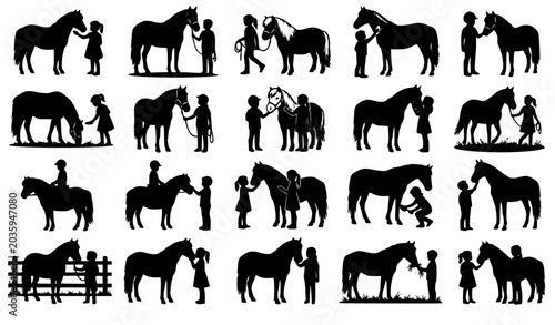 Photos Minimalist black silhouette vector icon set of horses and riders, various elegan