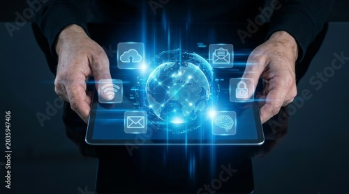 Hands Holding Tablet with Digital Icons and Global Connection Concept