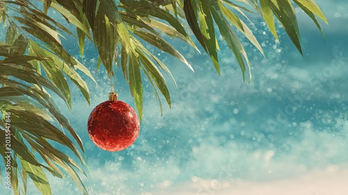Tropical Christmas Holiday Greeting, Serene Beach Christmas Ornament Hanging on Palm Tree, Festive Summer Celebration