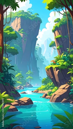 A serene cartoon jungle landscape with a river and cliffs