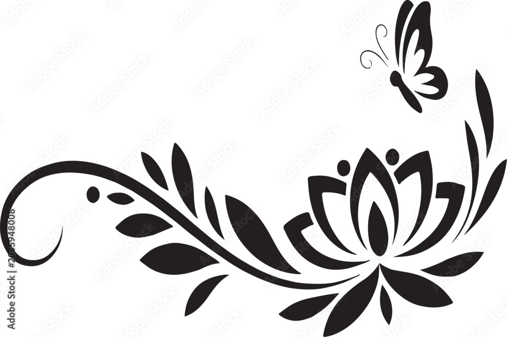 Fototapeta premium Black decorative floral design with butterfly