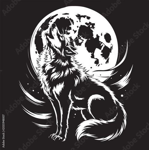 Mysterious howling wolf under a full moon