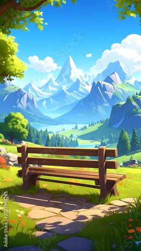 A serene cartoon landscape with a wooden bench overlooking mountains