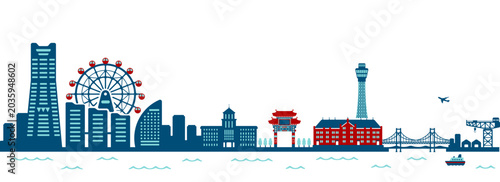 Foto Yokohama Harbor Skyline Silhouette Vector Illustration