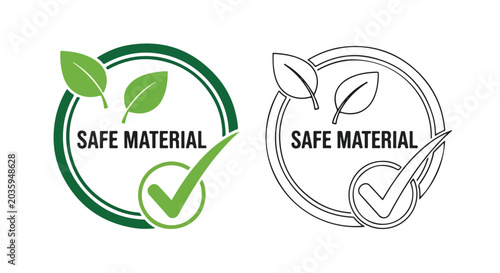 Safe material certification labels, eco friendly product badges with green leaves and check mark, non-toxic material quality seal vector icons