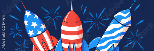 USA Independence Day Fireworks Rockets Illustration with American Flag Colors