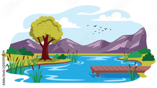 Foto Picturesque lake scene with tree, mountains, and wooden dock under sky