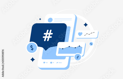 Hashtag marketing with social media engagement and audience growth in mobile interface. Analyze social analytics and improve influencer marketing performance vector illustration