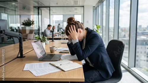 Stressed businesswoman overwhelmed at her desk in a modern office environment, feeling burnout and anxiety from work overload