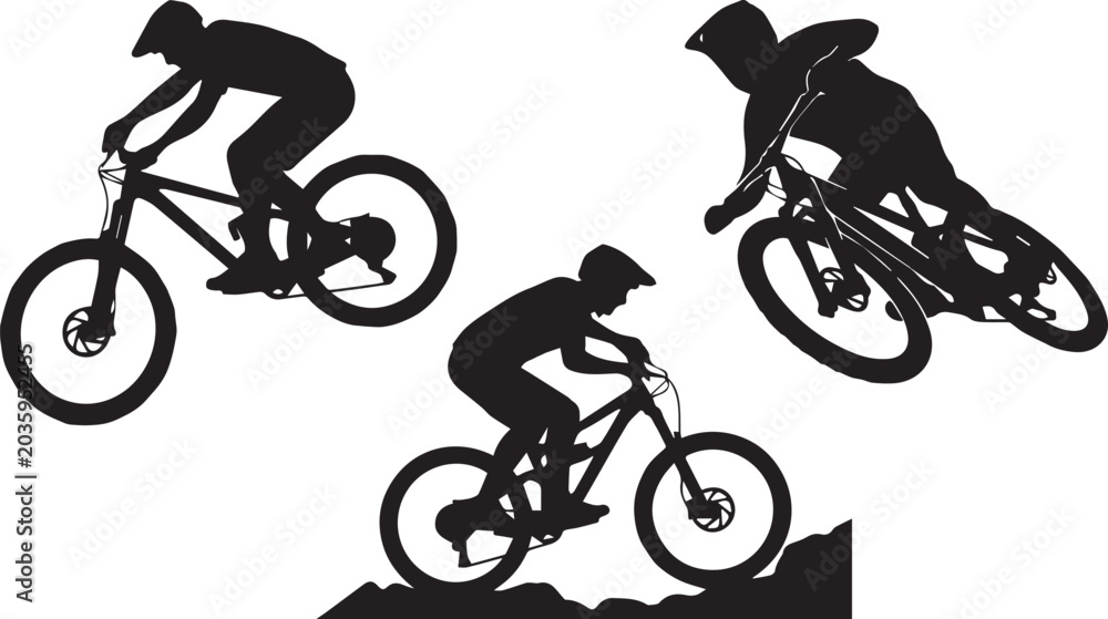 Obraz premium Black silhouettes of mountain bikers riding down rocky terrain and jumping in the air isolated on a white background