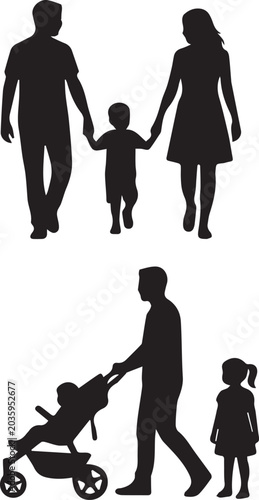 Foto Happy family silhouettes vector set with parents holding hands with child and fa