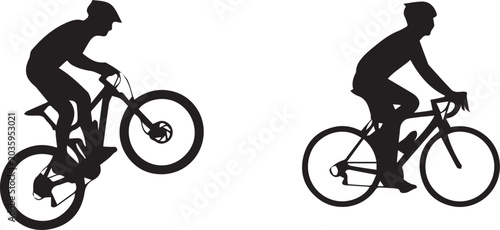Cuadro en lienzo Set of black silhouettes featuring a mountain biker performing a wheelie and a r
