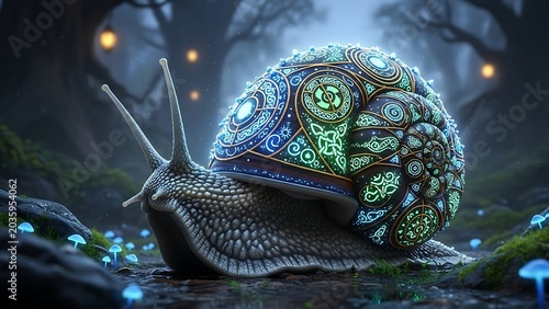 Fantasy snail with a glowing patterned shell in an enchanted forest