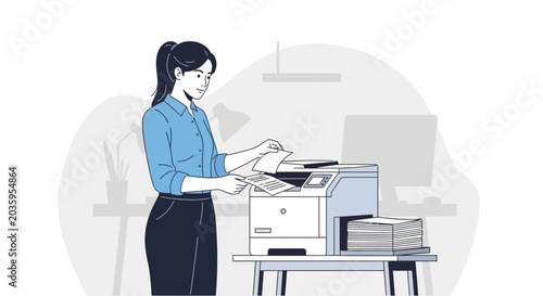 Woman operating printer in modern office setting, document printing concept