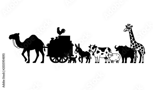 Photography Camel pulling cargo cart with safari and farm animals vector collection isolated
