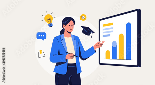 Woman presenting data graph on screen, brainstorming ideas, education concept