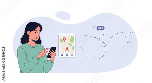 Woman using smartphone navigation app with GPS map and route on screen