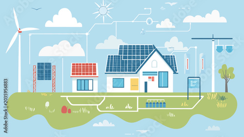 Illustration of an eco-friendly house with solar panels and wind turbines