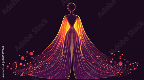 Abstract digital illustration of a faceless figure with flowing, glowing robes, in vibrant shades of pink, yellow, and purple, against a dark background
