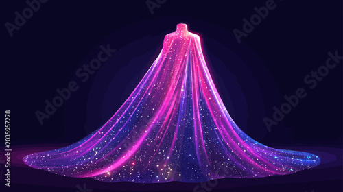 Vibrant, glowing, galaxy-inspired dress with flowing starry trails