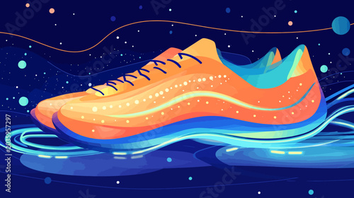 Vibrant digital illustration of a running shoe floating on water under a starry sky