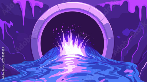 Vibrant digital art of a glowing portal erupting with a fiery fountain in a mystical cave