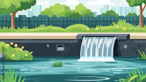 Illustration of a small urban river with a waterfall, surrounded by greenery