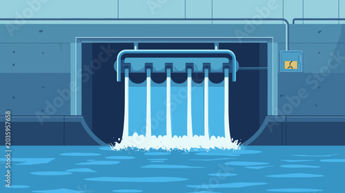 Water flows from a dam into a body of water nearby