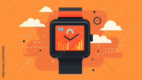 Vibrant digital illustration of a smartwatch displaying activity stats on an orange background