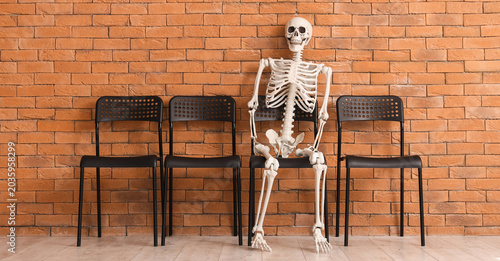 Obraz na płótnie Human skeleton model sitting in chair near brick wall