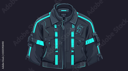 Futuristic black jacket with glowing blue accents, digital elements
