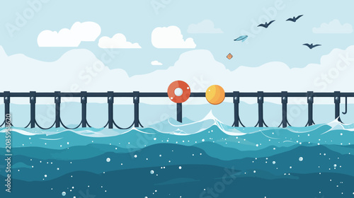 Ocean view with a pier, floating buoys, seashells, birds, and clouds